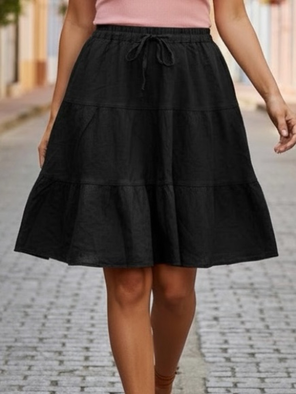 Alan Alan Black Linen Tiered A-Line Skirt